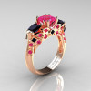 Classic 14K Rose Gold Three Stone Princess Pink Sapphire Black Diamond Solitaire Engagement Ring R500-14KRGBDPS-2