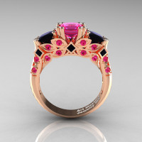 Classic 14K Rose Gold Three Stone Princess Pink Sapphire Black Diamond Solitaire Engagement Ring R500-14KRGBDPS-1