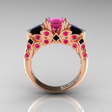 Classic 14K Rose Gold Three Stone Princess Pink Sapphire Black Diamond Solitaire Engagement Ring R500-14KRGBDPS-1