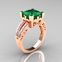 French Vintage 14K Rose Gold 3.8 Carat Princess Emerald Diamond Solitaire Ring R222-RGDEM-1