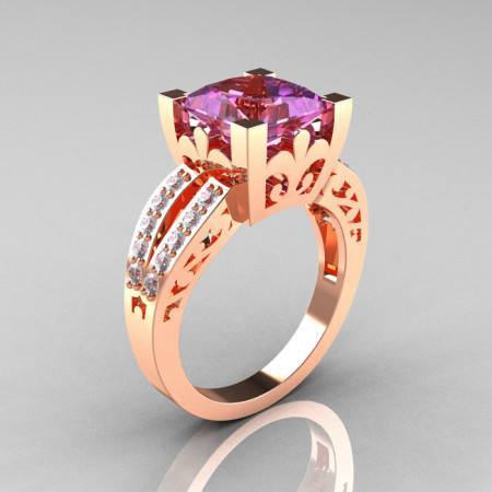 French Vintage 14K Rose Gold 3.8 Carat Princess Lilac Amethyst Diamond Solitaire Ring R222-RGDLA-1