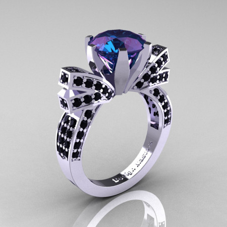 French 14K White Gold 3.0 CT Russian Alexandrite Black Diamond Engagement Ring Wedding Ring R382-14KWGBDAL-1