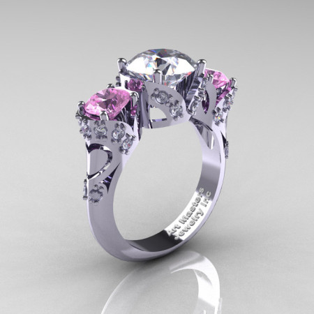 Scandinavian 14K White Gold 2.0 Ct White and Light Pink Sapphire Diamond Three Stone Designer Engagement Ring R406-14KWGDLPSWS-1