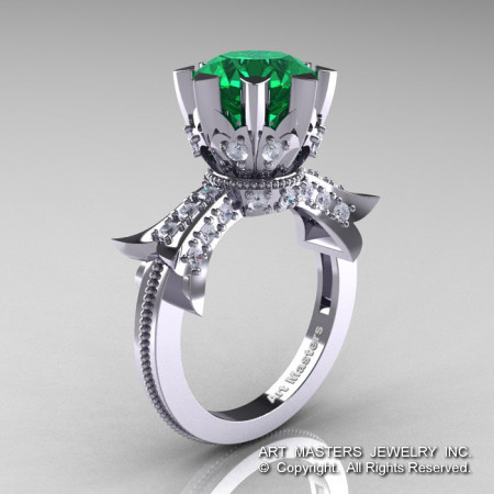 Modern Vintage 14K White Gold 3.0 Ct Emerald Diamond Solitaire Engagement Ring R253-14KWGDEM-1