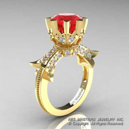 Modern Vintage 14K Yellow Gold 3.0 Ct Ruby Diamond Solitaire Engagement Ring R253-14KYGDR-1