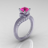 Classic 14K Matte White Gold 1.0 Ct Pink Sapphire Diamond Designer Solitaire Ring R259-14KMWGDPS-1