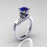 Classic 14K White Gold 1.0 Ct Blue Sapphire Diamond Designer Solitaire Ring R259-14KWGDBS-1