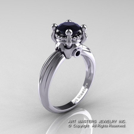 Classic Victorian 14K White Gold 1.0 Ct Black Diamond Solitaire Engagement Ring R506-14KWGBD-1