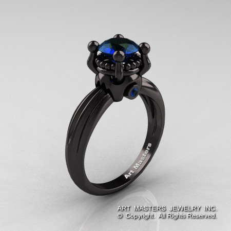 Classic Victorian 14K Black Gold 1.0 Ct London Blue Sapphire Solitaire Engagement Ring R506-14KBGLBS-1