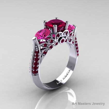 Classic 10K White Gold Three Stone Red Garnet Pink Sapphire Solitaire Ring R200-10KWGPSRG-1
