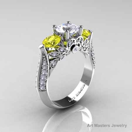 Classic 14K White Gold Three Stone White and Yellow Sapphire Diamond Solitaire Ring R200-14KWGDYSWS-1
