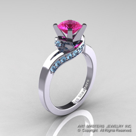 Classic 14K White Gold 1.0 Ct Pink Sapphire Blue Topaz Designer Solitaire Ring R259-14KWGBTPS-1