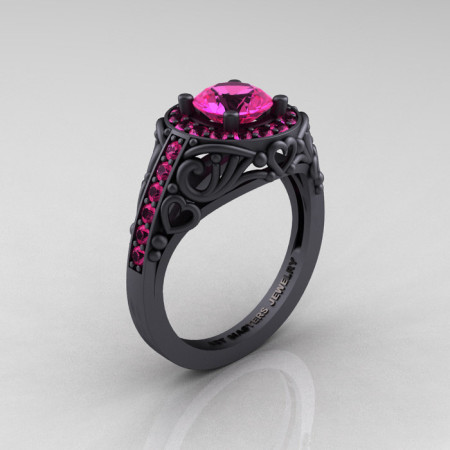 Italian 14K Matte Black Gold 1.0 Ct Pink Sapphire Engagement Ring Wedding Ring R280-14KMBGPS-1