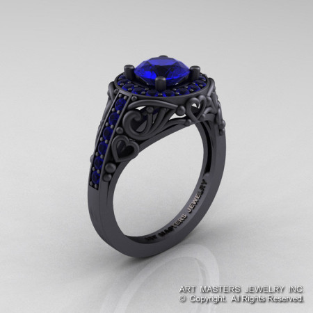Italian 14K Matte Black Gold 1.0 Ct Blue Sapphire Engagement Ring Wedding Ring R280-14KMBGBS-1