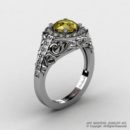 Italian 14K White Gold 1.0 Ct Yellow Sapphire Diamond Engagement Ring Wedding Ring R280-14KWGDYS-1