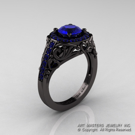 Italian 14K Black Gold 1.0 Ct Blue Sapphire Engagement Ring Wedding Ring R280-14KBGBS-1