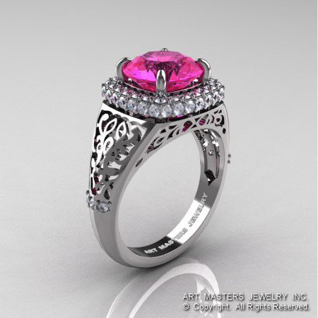 High Fashion 14K White Gold 3.0 Ct Pink Sapphire Diamond Designer Wedding Ring R407-14KWGDPS-1