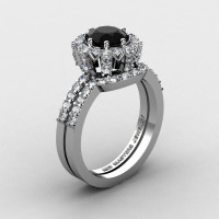 French 14K White Gold 1.0 Ct Black and White Diamond Engagement Ring Wedding Band Set R408S-14KWGDBD-1