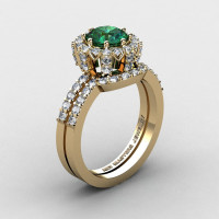 French 14K Yellow Gold 1.0 Ct Chatham Emerald Diamond Engagement Ring Wedding Band Set R408S-14KYGDCEM-1