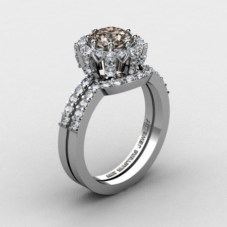 French 14K White Gold 1.0 Ct Smoky Quartz Diamond Engagement Ring Wedding Band Set R408S-14KWGDSQ-1