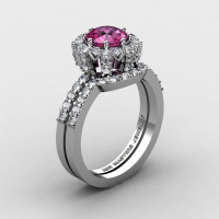 French 14K White Gold 1.0 Ct Pink Sapphire Diamond Engagement Ring Wedding Band Set R408S-14KWGDPS-1