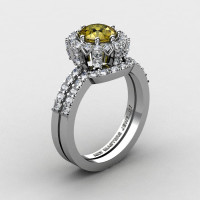 French 14K White Gold 1.0 Ct Yellow Sapphire Diamond Engagement Ring Wedding Band Set R408S-14KWGDYS-1
