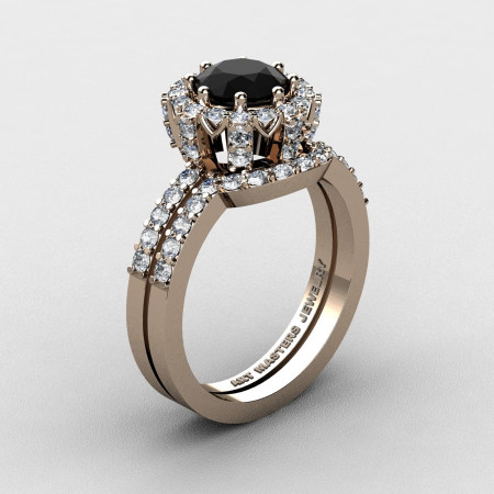 French 14K Rose Gold 1.0 Ct Black and White Diamond Engagement Ring Wedding Band Set R408S-14KRGDBD-1