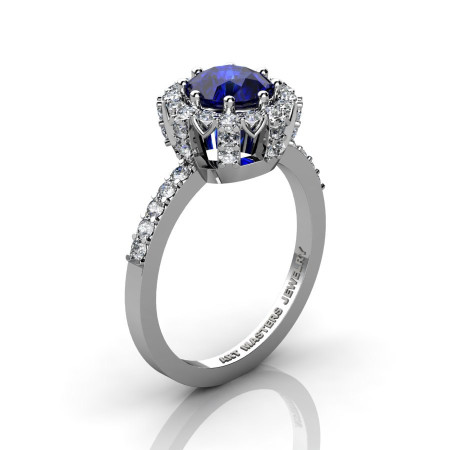 Classic Bridal 14K White Gold 1.0 Ct Blue Sapphire Diamond Solitaire Ring R408-14KWGDBS-1