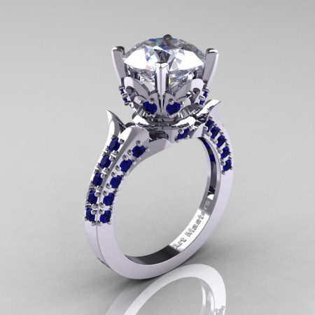 14K White Gold French Vintage 3.0 Carat White and Blue Sapphire Solitaire Blazer Ring R401-14KWGBSWS-1