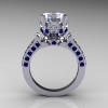 14K White Gold French Vintage 3.0 Carat White and Blue Sapphire Solitaire Blazer Ring R401-14KWGBSWS-2