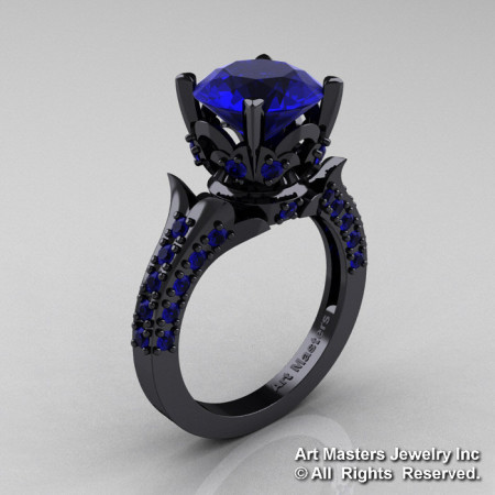 Exclusive French 14K Black Gold 3.0 Ct Blue Sapphire Solitaire Wedding Ring R401-14KBGBS-1