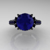 Exclusive French 14K Black Gold 3.0 Ct Blue Sapphire Solitaire Wedding Ring R401-14KBGBS-3