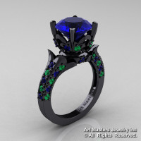 Exclusive French 14K Black Gold 3.0 Ct Blue Sapphire Emerald Solitaire Wedding Ring R401-14KBGEMBS-1