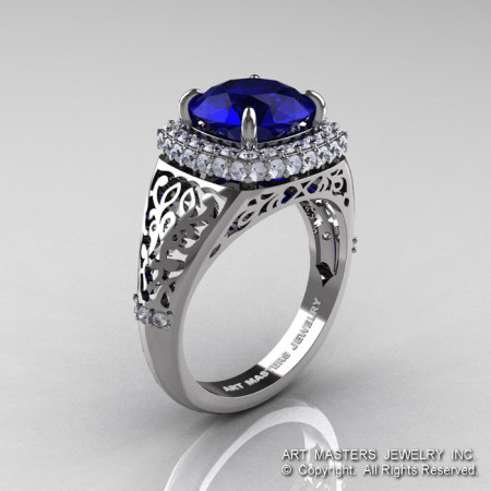 High Fashion 14K White Gold 3.0 Ct  Blue Sapphire Diamond Designer Wedding Ring R407-14KWGBS-1