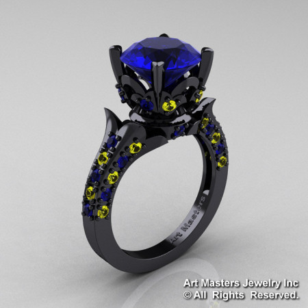 Exclusive French 14K Black Gold 3.0 Ct Blue and Yellow Sapphire Solitaire Wedding Ring R401-14KBGYSBS-1