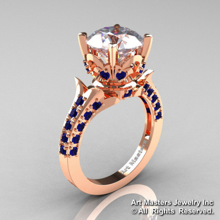 Exclusive 14K Rose Gold 3.0 Carat White and Blue Sapphire Solitaire Blazer Ring R401-14KRGBSWS-1