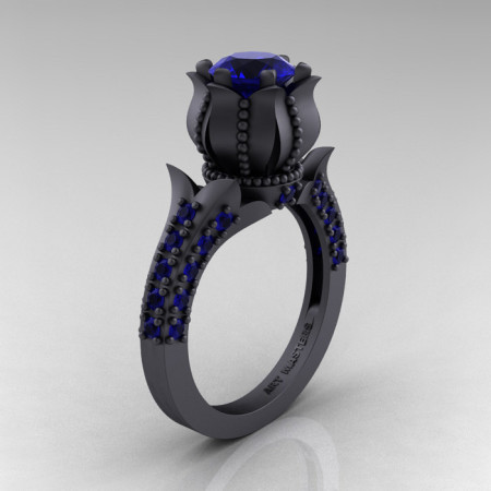 Classic 14K Matte Black Gold 1.0 Ct Blue Sapphire Solitaire Wedding Ring R410-14KMBGBS-1