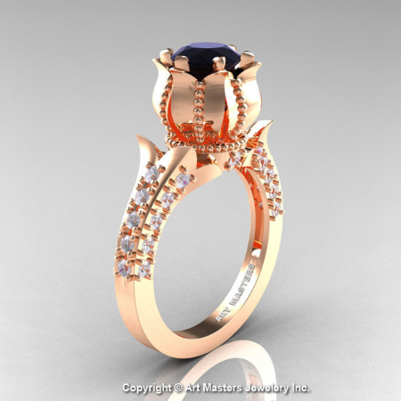 Classic 14K Rose Gold 1.0 Ct Black and White Diamond Solitaire Wedding Ring R410-14KRGDBD-1