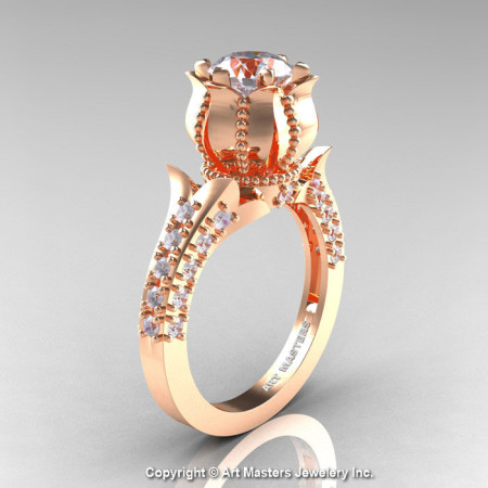 Classic 14K Rose Gold 1.0 Ct White Sapphire Diamond Solitaire Wedding Ring R410-14KRGDWS-1