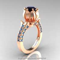 Classic 14K Rose Gold 1.0 Ct Black Diamond Blue Topaz Solitaire Wedding Ring R410-14KRGBTBD-1