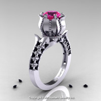 Classic 14K White Gold 1.0 Ct Pink Sapphire  Black Diamond Solitaire Wedding Ring R410-14KWGBDPS-1