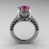 Classic 14K White Gold 1.0 Ct Pink Sapphire  Black Diamond Solitaire Wedding Ring R410-14KWGBDPS-2
