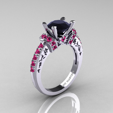 Modern Armenian Classic 10K White Gold 1.5 Carat Black Diamond Pink Sapphire Wedding Ring R137-10WGPSBD-1