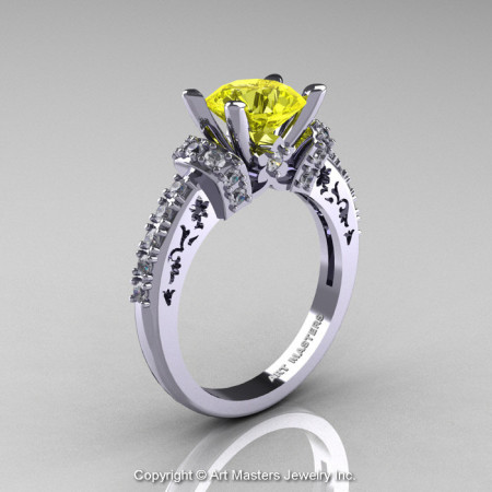 Modern Armenian Classic 14K White Gold 1.5 Ct Yellow Sapphire Diamond Wedding Ring R137-14KWGDYS-1