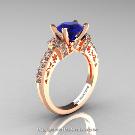 Modern Armenian Classic 14K Rose Gold 1.5 Ct Blue Sapphire Diamond Wedding Ring R137-14KRGDBS-1