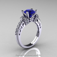 Modern Armenian Classic 14K White Gold 1.5 Ct Blue Sapphire Diamond Wedding Ring R137-14KWGDBS-1