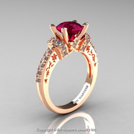 Modern Armenian Classic 14K Rose Gold 1.5 Ct Red Garnet Diamond Wedding Ring R137-14KRGDG-1