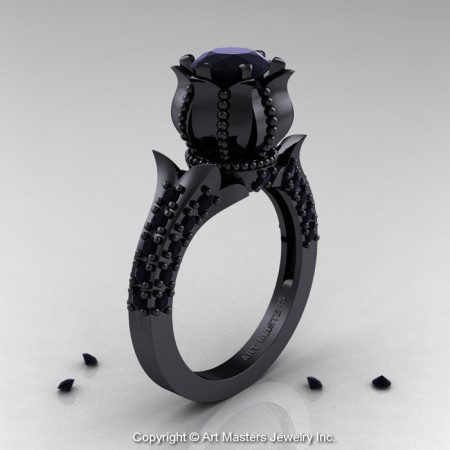 Classic 14K Black Gold 1.0 Ct Black Diamond Solitaire Wedding Ring R410-14KBGBD-1
