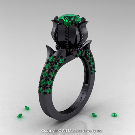 Classic 14K Black Gold 1.0 Ct Emerald Solitaire Wedding Ring R410-14KBGEM-1