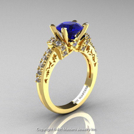 Modern Armenian Classic 14K Yellow Gold 1.5 Ct Blue Sapphire Diamond Wedding Ring R137-14KYGDBS-1